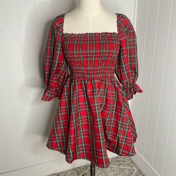 Blue Rain Women XS Red Plaid Ballon Sleeve Baby Doll Mini Dress Peasant Cottage - Picture 1 of 15